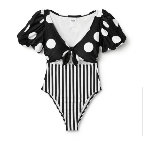Tabitha Brown x Target Striped/Dot Puff Sleeve Tie-Front One Piece Swimsuit - Picture 2 of 8